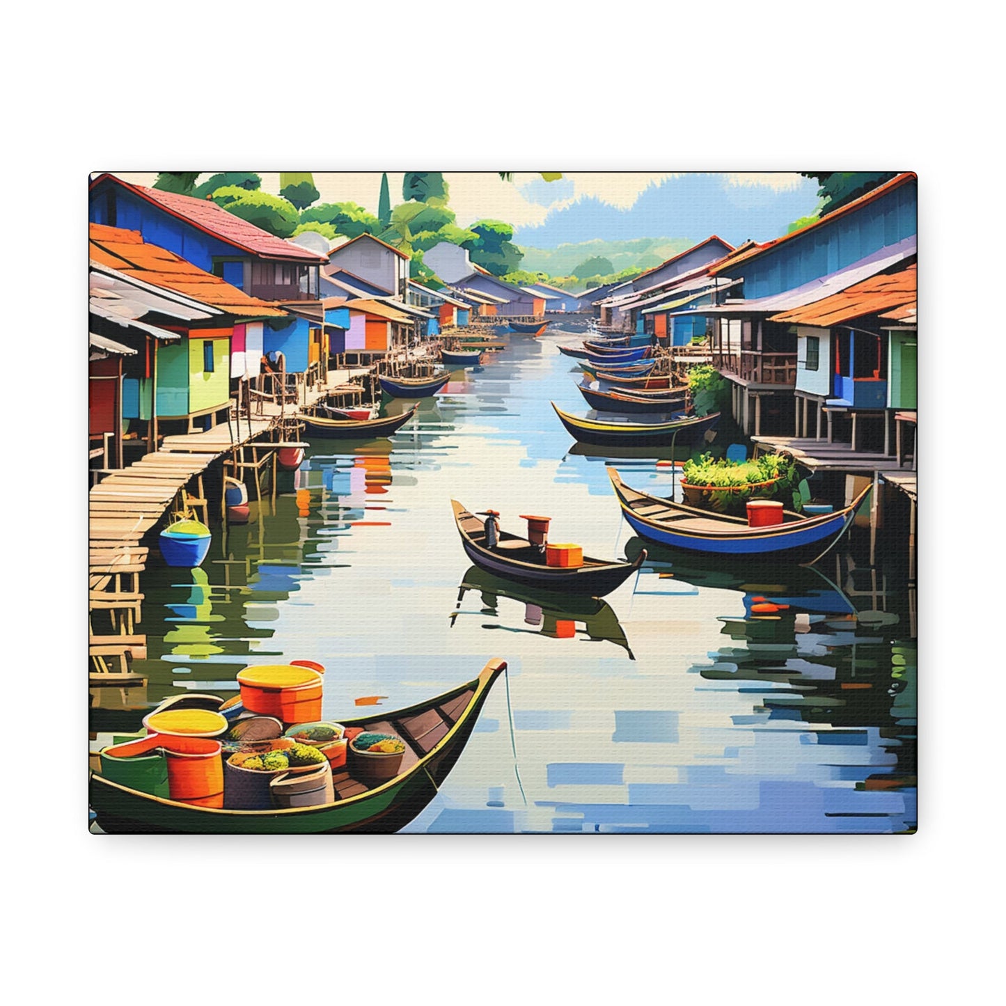 Boathouse Village Landscape Art Canvas - Colorwink