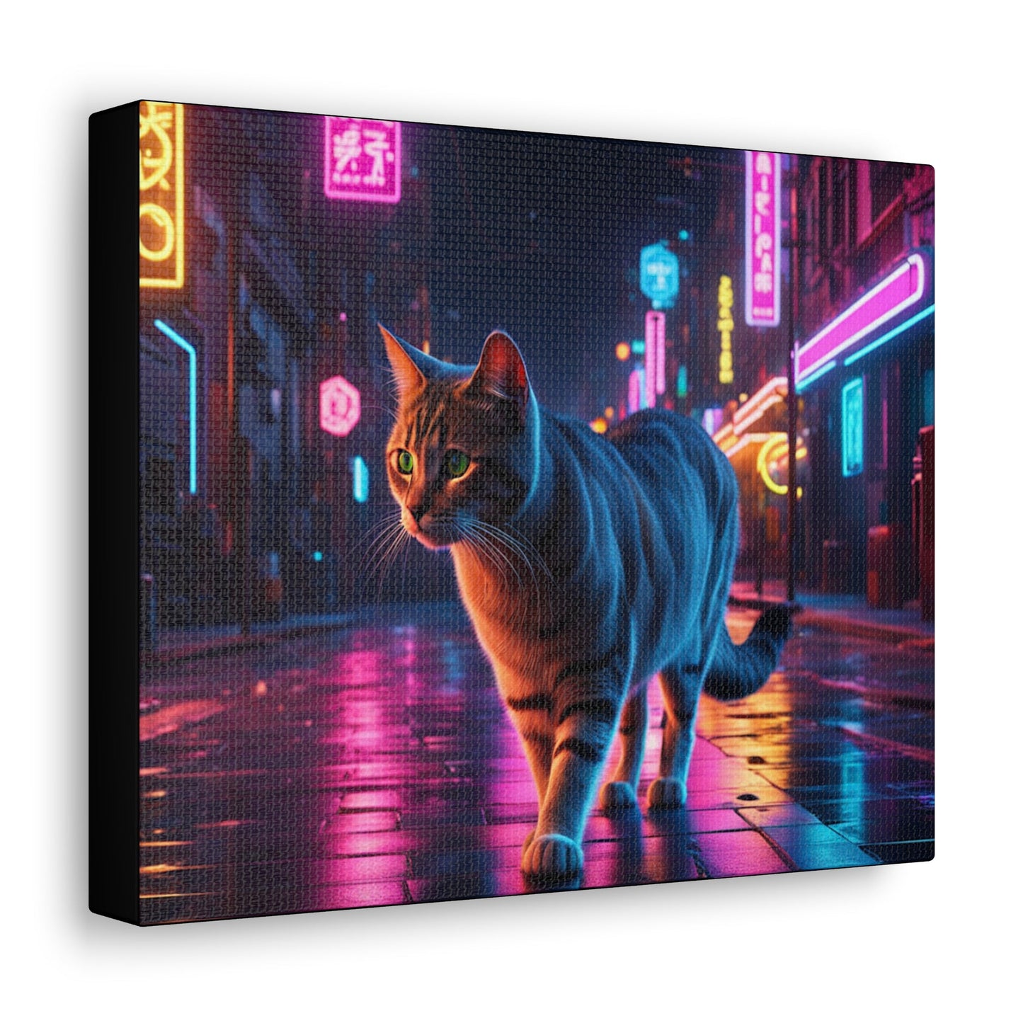 Cat on Neon Light City Street Canvas - Colorwink