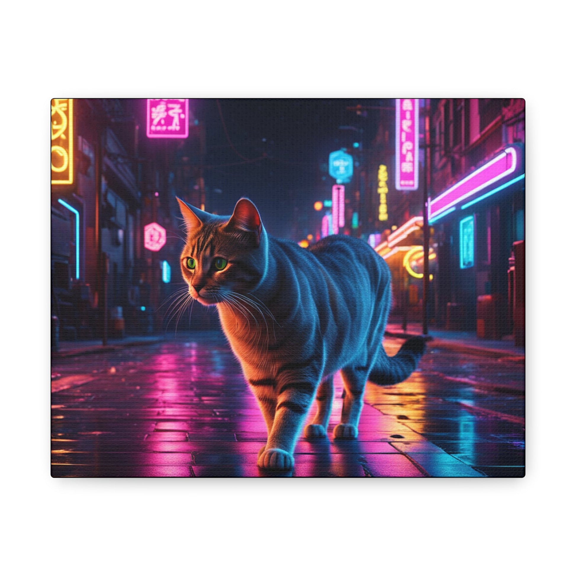 Cat on Neon Light City Street Canvas - Colorwink